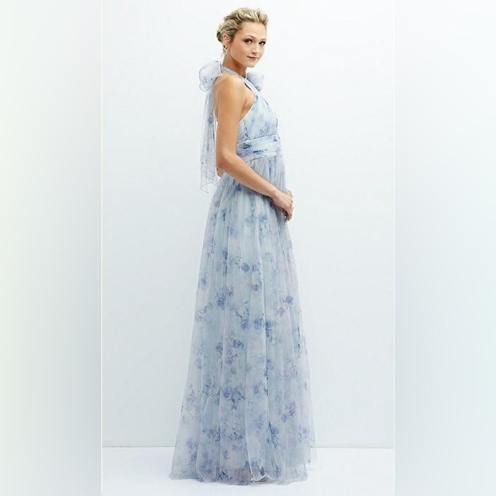 New! Dessy Collection Floral Tie-Back Halter Tulle Dress  & Rosette Mist Garden🩵 - Picture 4 of 10